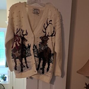 Cozy Reindeer Cardigan Sweater - Cream
